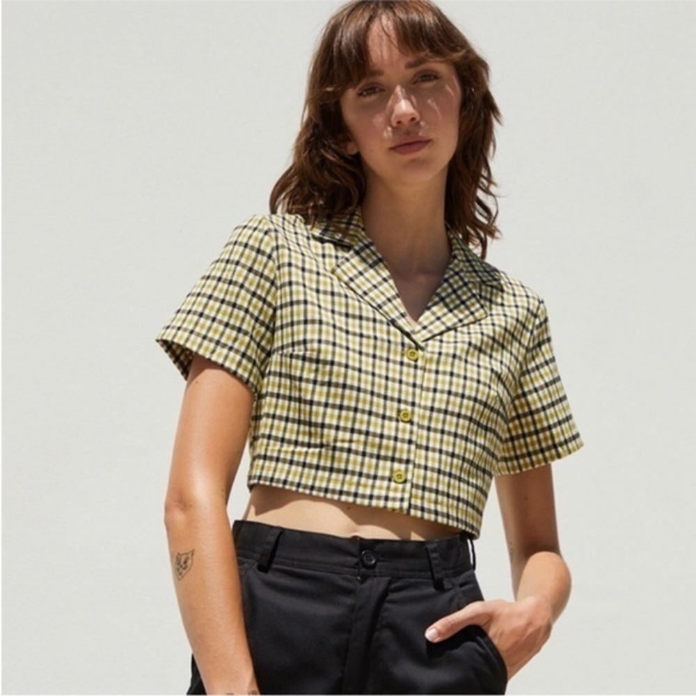 John Galt Green Blue White Cropped Plaid Button Down Collar Top Size X Small